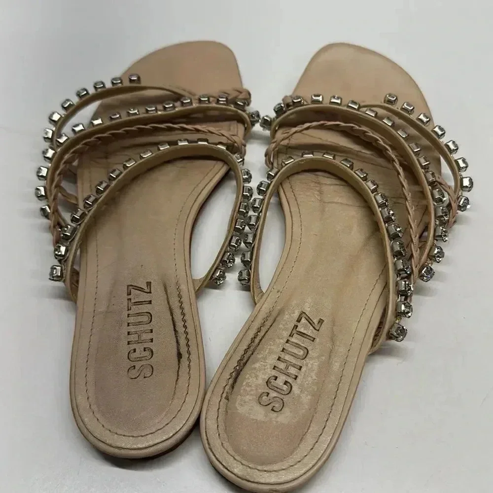 Schutz Sandals Slides Flats Jeweled Embellished Braided Leather Tan Brown Size 6